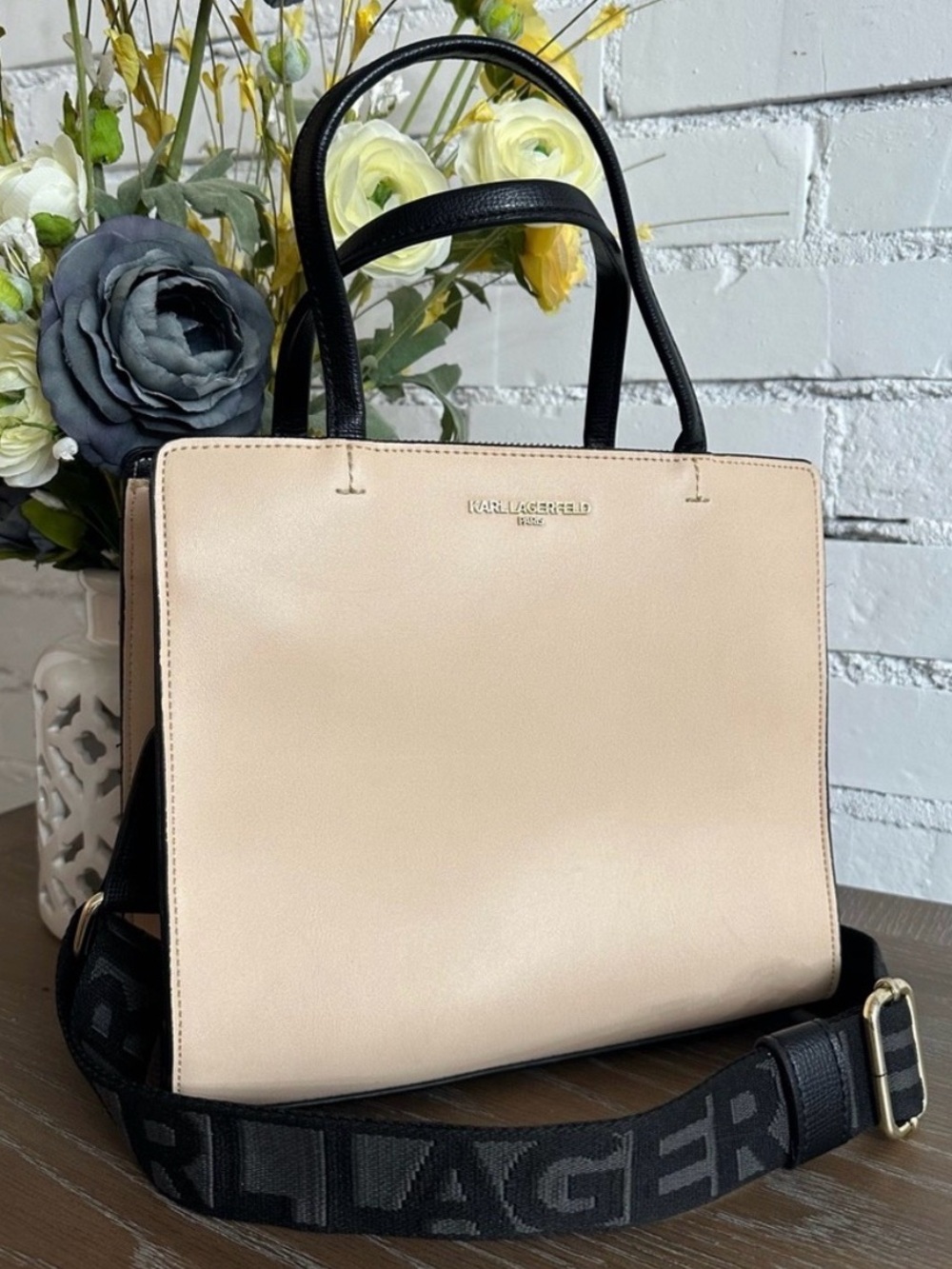 Karl Lagerfeld Maybelle Satchel Tan Light Beige Black Strap Designer Paris Tote